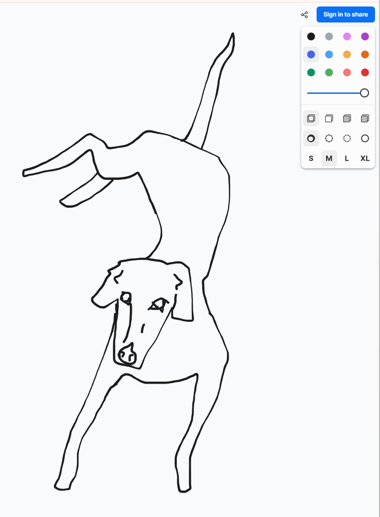 A screenshot of the tldraw drawing app: a quick black-line drawing of a dog stretched into a tall, almost dancing pose, with the app's toolbar on the right showing color swatches, a line-weight slider, background-texture options, and size choices S, M, L, XL.